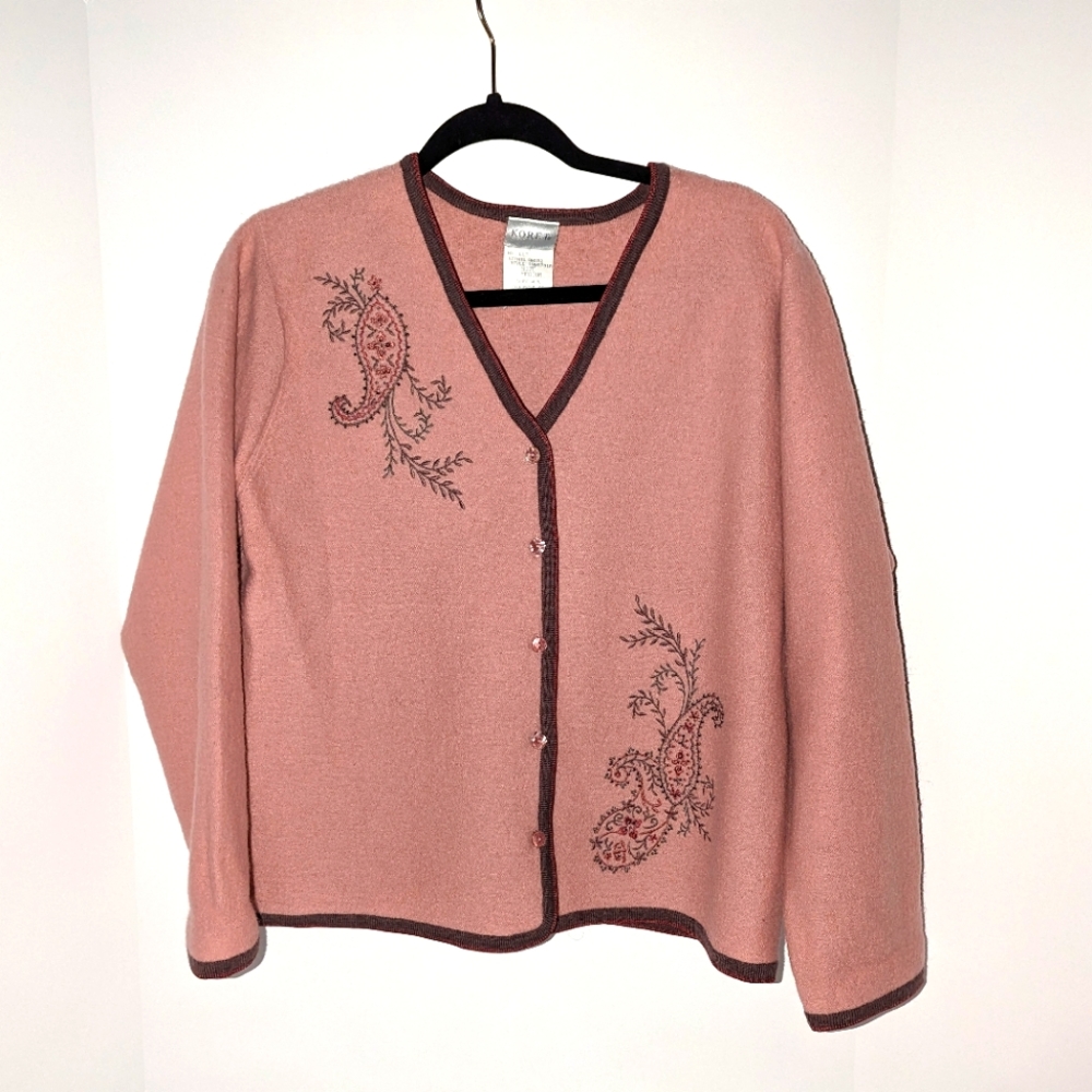 Vintage Koret 100% Wool Embroidered Cardigan, Dusty Pink/Rose, Women's M